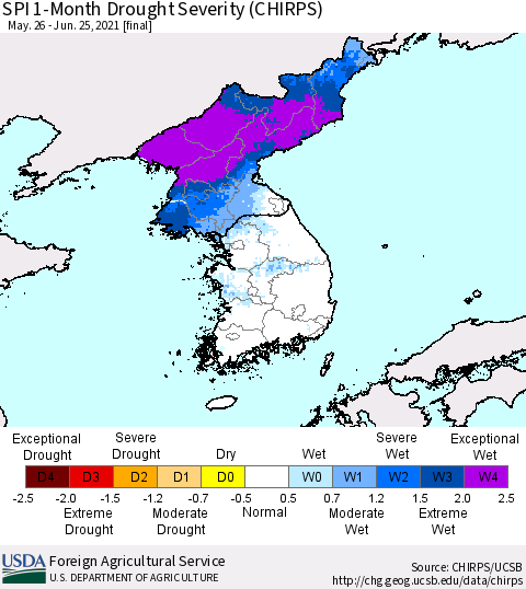 Korea SPI 1-Month Drought Severity (CHIRPS) Thematic Map For 5/26/2021 - 6/25/2021
