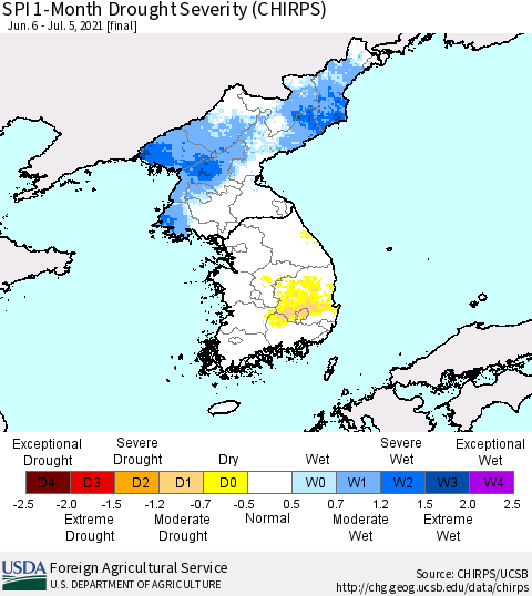 Korea SPI 1-Month Drought Severity (CHIRPS) Thematic Map For 6/6/2021 - 7/5/2021