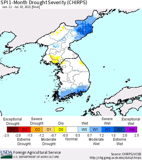 Korea SPI 1-Month Drought Severity (CHIRPS) Thematic Map For 6/11/2021 - 7/10/2021