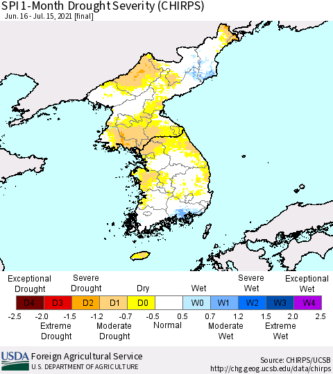 Korea SPI 1-Month Drought Severity (CHIRPS) Thematic Map For 6/16/2021 - 7/15/2021