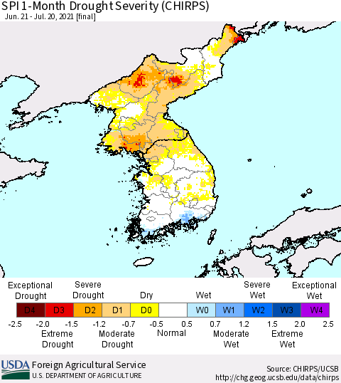 Korea SPI 1-Month Drought Severity (CHIRPS) Thematic Map For 6/21/2021 - 7/20/2021