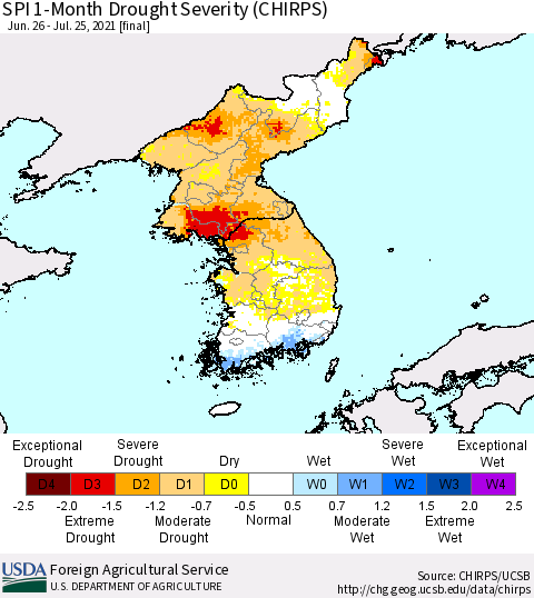 Korea SPI 1-Month Drought Severity (CHIRPS) Thematic Map For 6/26/2021 - 7/25/2021