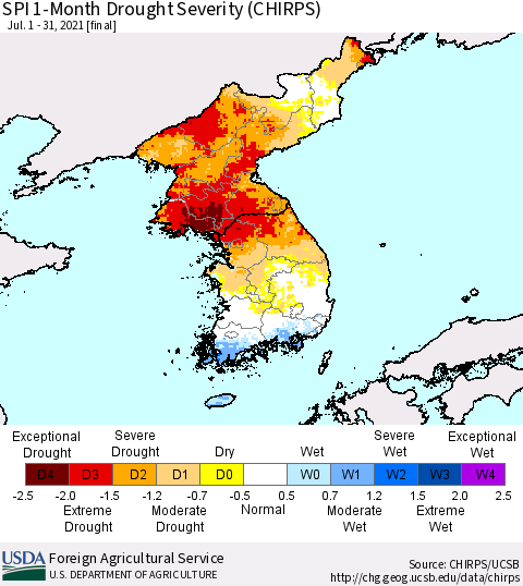 Korea SPI 1-Month Drought Severity (CHIRPS) Thematic Map For 7/1/2021 - 7/31/2021