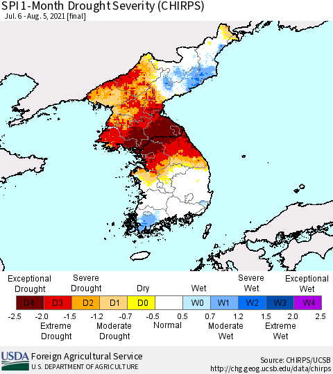 Korea SPI 1-Month Drought Severity (CHIRPS) Thematic Map For 7/6/2021 - 8/5/2021