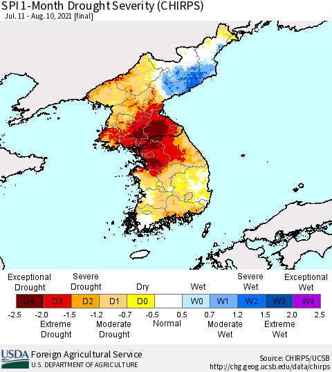 Korea SPI 1-Month Drought Severity (CHIRPS) Thematic Map For 7/11/2021 - 8/10/2021