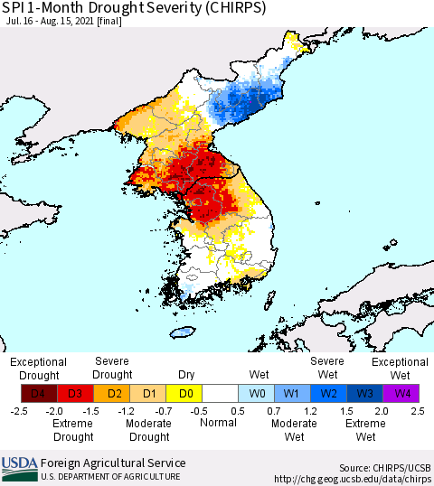 Korea SPI 1-Month Drought Severity (CHIRPS) Thematic Map For 7/16/2021 - 8/15/2021