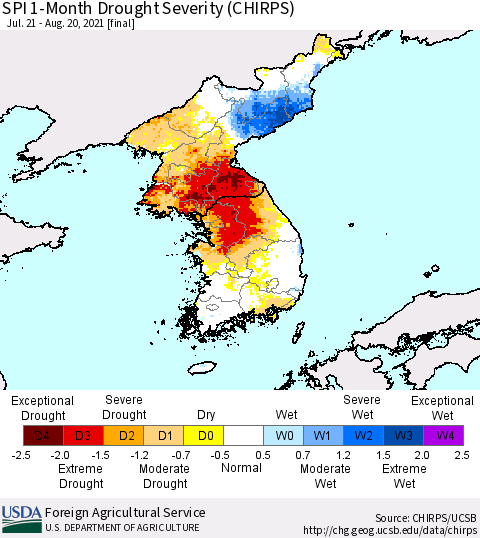Korea SPI 1-Month Drought Severity (CHIRPS) Thematic Map For 7/21/2021 - 8/20/2021