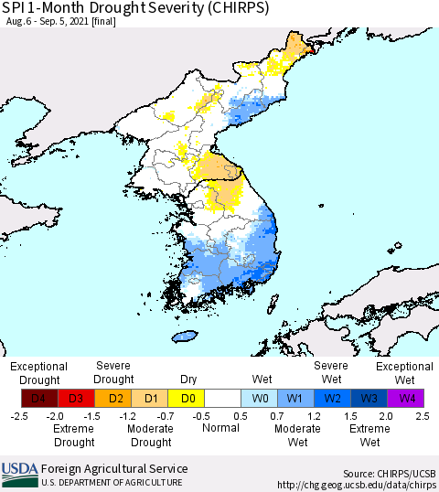 Korea SPI 1-Month Drought Severity (CHIRPS) Thematic Map For 8/6/2021 - 9/5/2021