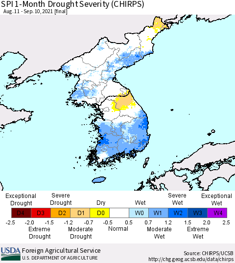 Korea SPI 1-Month Drought Severity (CHIRPS) Thematic Map For 8/11/2021 - 9/10/2021