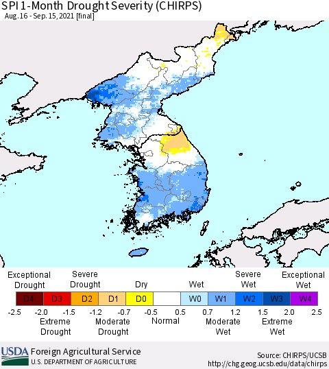 Korea SPI 1-Month Drought Severity (CHIRPS) Thematic Map For 8/16/2021 - 9/15/2021