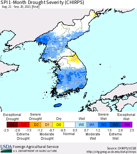 Korea SPI 1-Month Drought Severity (CHIRPS) Thematic Map For 8/21/2021 - 9/20/2021