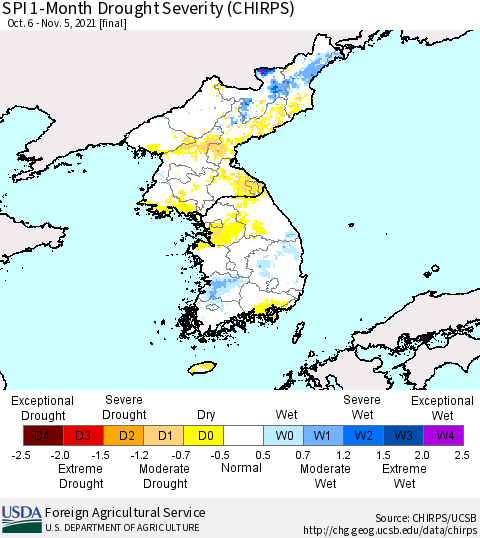 Korea SPI 1-Month Drought Severity (CHIRPS) Thematic Map For 10/6/2021 - 11/5/2021