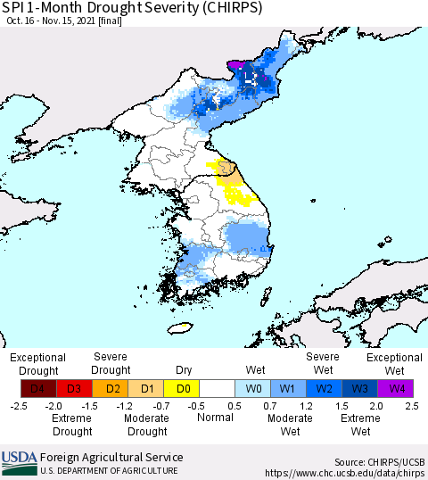 Korea SPI 1-Month Drought Severity (CHIRPS) Thematic Map For 10/16/2021 - 11/15/2021