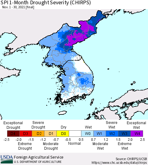 Korea SPI 1-Month Drought Severity (CHIRPS) Thematic Map For 11/1/2021 - 11/30/2021