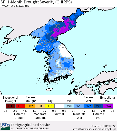 Korea SPI 1-Month Drought Severity (CHIRPS) Thematic Map For 11/6/2021 - 12/5/2021