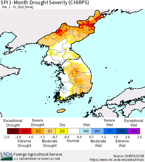 Korea SPI 1-Month Drought Severity (CHIRPS) Thematic Map For 12/1/2021 - 12/31/2021