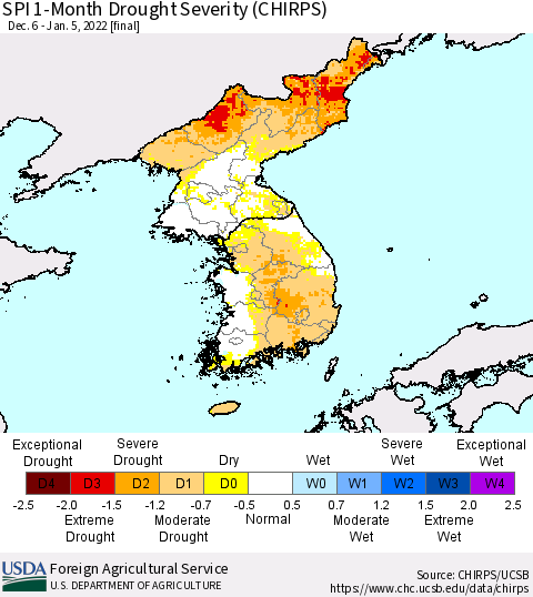 Korea SPI 1-Month Drought Severity (CHIRPS) Thematic Map For 12/6/2021 - 1/5/2022