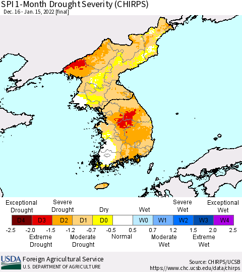 Korea SPI 1-Month Drought Severity (CHIRPS) Thematic Map For 12/16/2021 - 1/15/2022