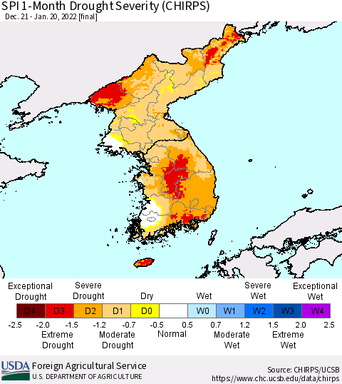 Korea SPI 1-Month Drought Severity (CHIRPS) Thematic Map For 12/21/2021 - 1/20/2022