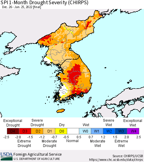 Korea SPI 1-Month Drought Severity (CHIRPS) Thematic Map For 12/26/2021 - 1/25/2022