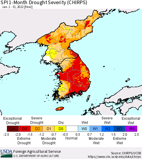 Korea SPI 1-Month Drought Severity (CHIRPS) Thematic Map For 1/1/2022 - 1/31/2022