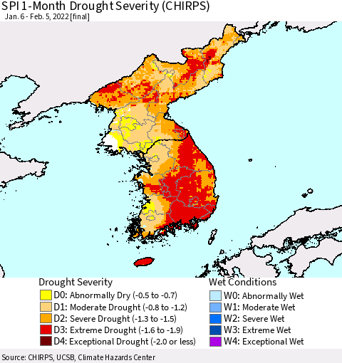 Korea SPI 1-Month Drought Severity (CHIRPS) Thematic Map For 1/6/2022 - 2/5/2022