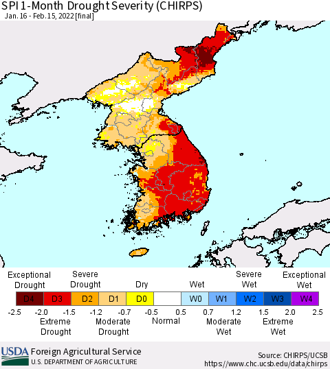 Korea SPI 1-Month Drought Severity (CHIRPS) Thematic Map For 1/16/2022 - 2/15/2022