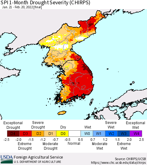 Korea SPI 1-Month Drought Severity (CHIRPS) Thematic Map For 1/21/2022 - 2/20/2022