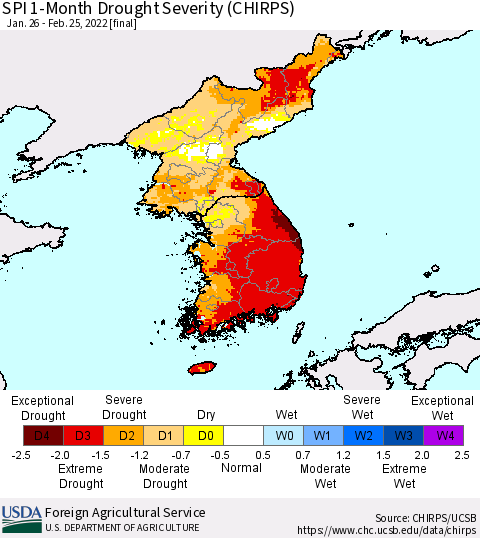 Korea SPI 1-Month Drought Severity (CHIRPS) Thematic Map For 1/26/2022 - 2/25/2022