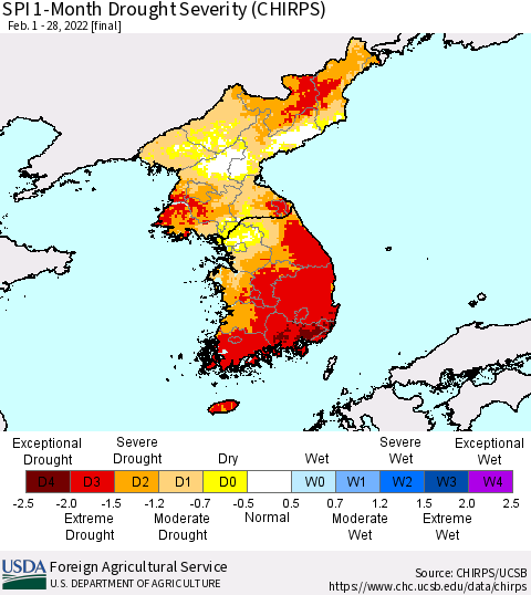 Korea SPI 1-Month Drought Severity (CHIRPS) Thematic Map For 2/1/2022 - 2/28/2022