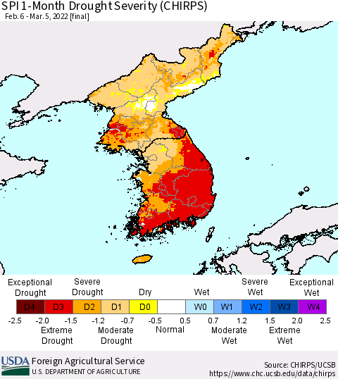 Korea SPI 1-Month Drought Severity (CHIRPS) Thematic Map For 2/6/2022 - 3/5/2022