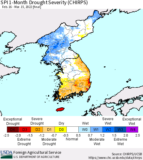 Korea SPI 1-Month Drought Severity (CHIRPS) Thematic Map For 2/16/2022 - 3/15/2022