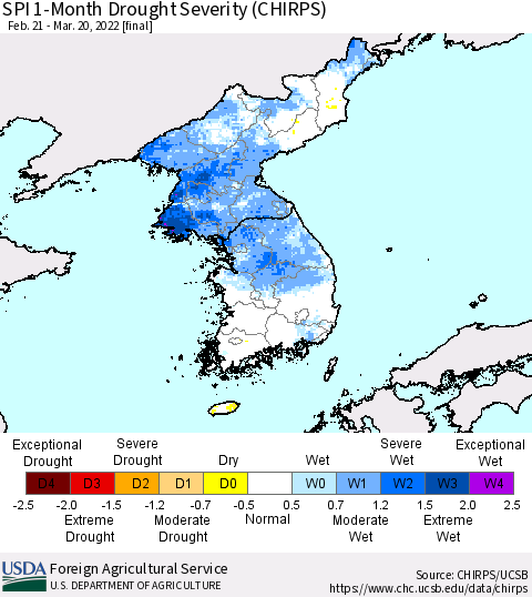 Korea SPI 1-Month Drought Severity (CHIRPS) Thematic Map For 2/21/2022 - 3/20/2022