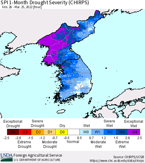 Korea SPI 1-Month Drought Severity (CHIRPS) Thematic Map For 2/26/2022 - 3/25/2022
