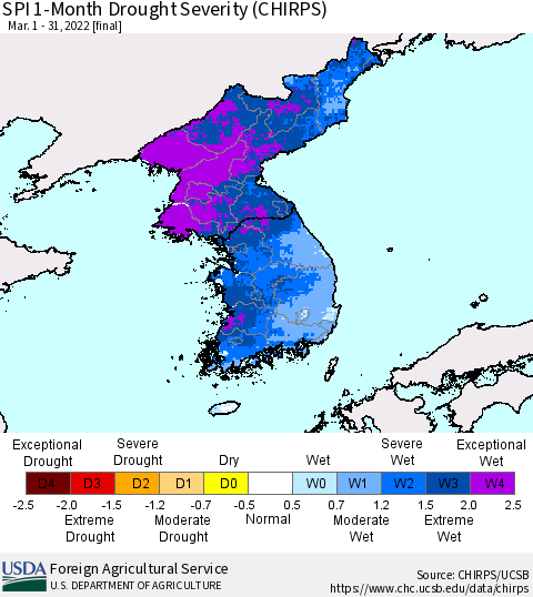Korea SPI 1-Month Drought Severity (CHIRPS) Thematic Map For 3/1/2022 - 3/31/2022