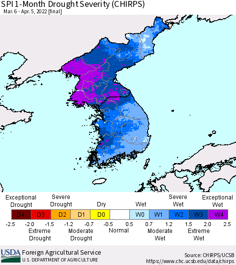 Korea SPI 1-Month Drought Severity (CHIRPS) Thematic Map For 3/6/2022 - 4/5/2022