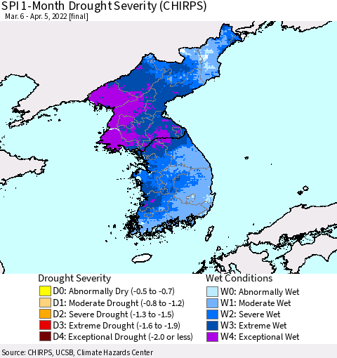 Korea SPI 1-Month Drought Severity (CHIRPS) Thematic Map For 3/6/2022 - 4/5/2022