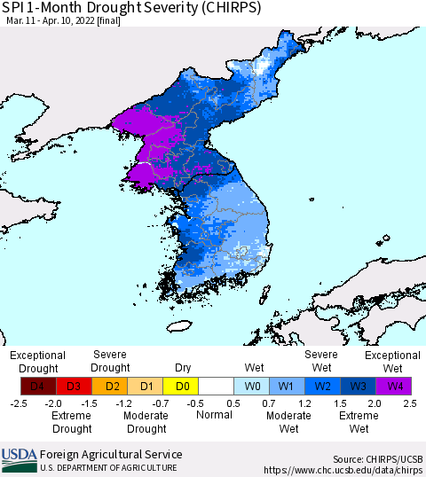 Korea SPI 1-Month Drought Severity (CHIRPS) Thematic Map For 3/11/2022 - 4/10/2022
