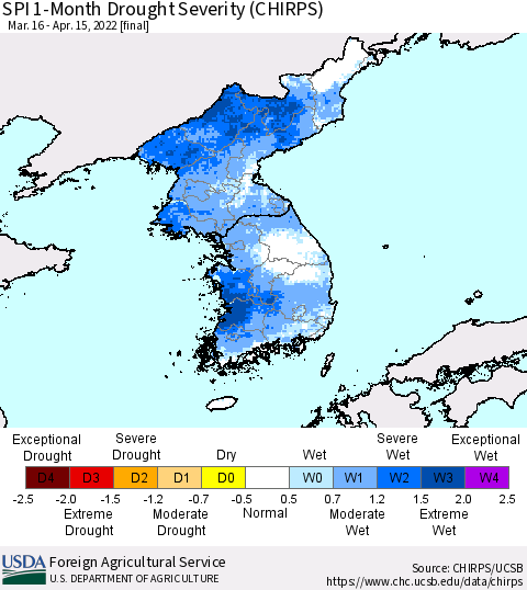 Korea SPI 1-Month Drought Severity (CHIRPS) Thematic Map For 3/16/2022 - 4/15/2022