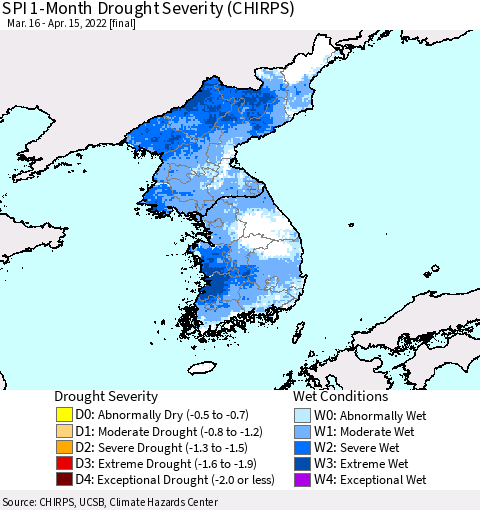 Korea SPI 1-Month Drought Severity (CHIRPS) Thematic Map For 3/16/2022 - 4/15/2022