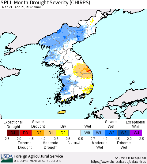 Korea SPI 1-Month Drought Severity (CHIRPS) Thematic Map For 3/21/2022 - 4/20/2022