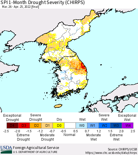 Korea SPI 1-Month Drought Severity (CHIRPS) Thematic Map For 3/26/2022 - 4/25/2022