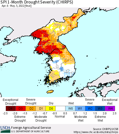 Korea SPI 1-Month Drought Severity (CHIRPS) Thematic Map For 4/6/2022 - 5/5/2022