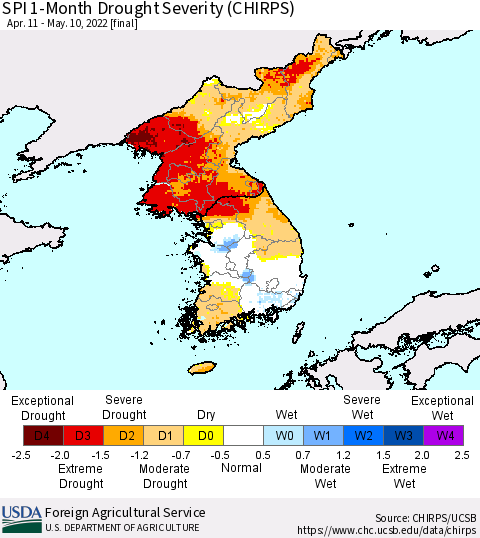 Korea SPI 1-Month Drought Severity (CHIRPS) Thematic Map For 4/11/2022 - 5/10/2022