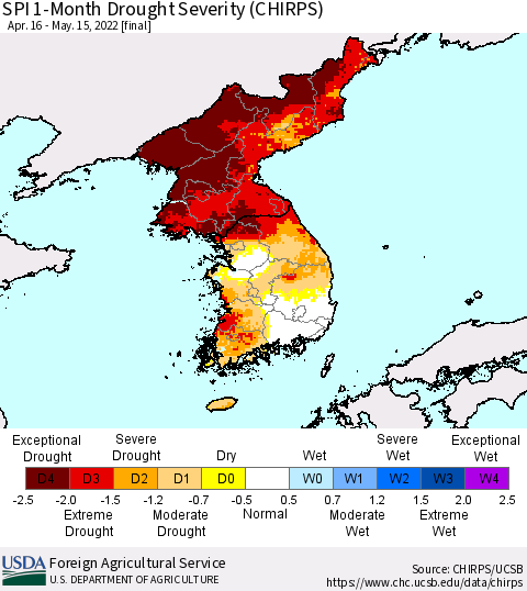 Korea SPI 1-Month Drought Severity (CHIRPS) Thematic Map For 4/16/2022 - 5/15/2022