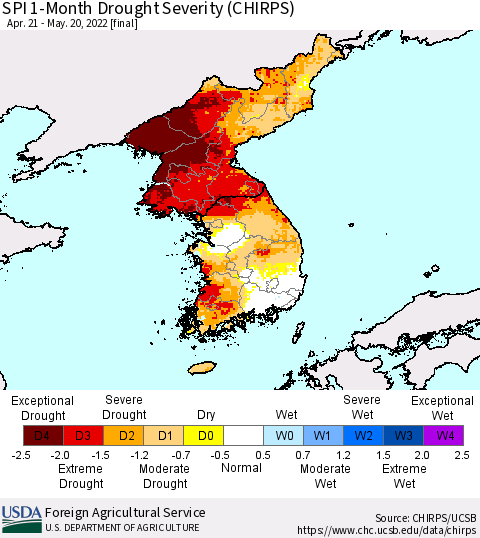 Korea SPI 1-Month Drought Severity (CHIRPS) Thematic Map For 4/21/2022 - 5/20/2022