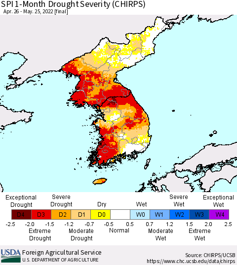 Korea SPI 1-Month Drought Severity (CHIRPS) Thematic Map For 4/26/2022 - 5/25/2022