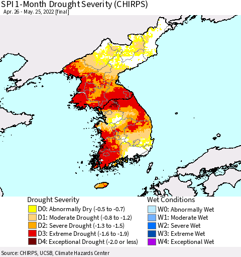 Korea SPI 1-Month Drought Severity (CHIRPS) Thematic Map For 4/26/2022 - 5/25/2022