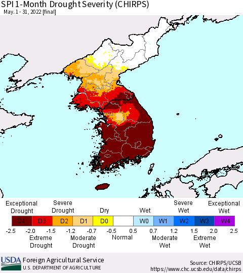 Korea SPI 1-Month Drought Severity (CHIRPS) Thematic Map For 5/1/2022 - 5/31/2022