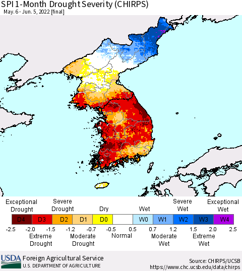Korea SPI 1-Month Drought Severity (CHIRPS) Thematic Map For 5/6/2022 - 6/5/2022